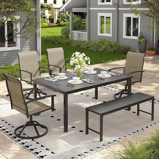 6 Pieces Patio Dining Set for 6-7 People, 63" Rectangular Patio Dining Table and Chairs Set with Outdoor Bench for Garden Deck, Mixed Brown & Black