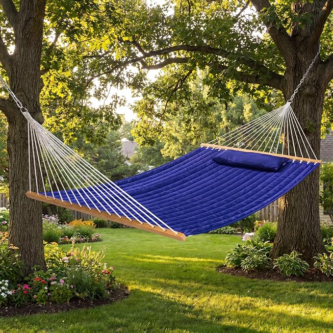 Double Quilted Hammock with Spreader Bar, Pillow & Chains, 450 lbs Capacity, Weather Resistant, for Patio, Backyard, Beach, Outdoor, Navy Blue