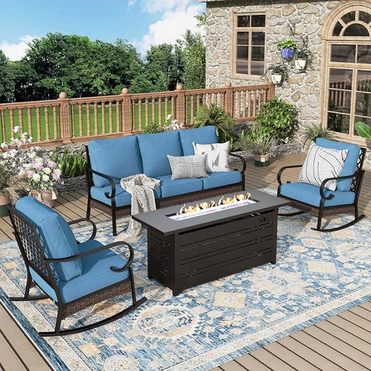 MIXPATIO Patio Furniture Set with Firepit Table, Black Frame Outdoor Conversation Set with 2 x Rocking Chairs, 1 x 3-Seat Sofa for Lawn Garden Backyard, Navy Blue