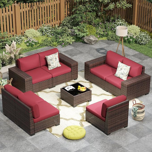 Outdoor Patio Furniture Set, 8‘’ Wide armrest Outdoor Sectional Rattan Sofa Set, Wicker Patio Furniture Sets w/Coffee Table,Thick Cushions for and Cover for Porch,Deck,8 PCS (Brown&Wine)