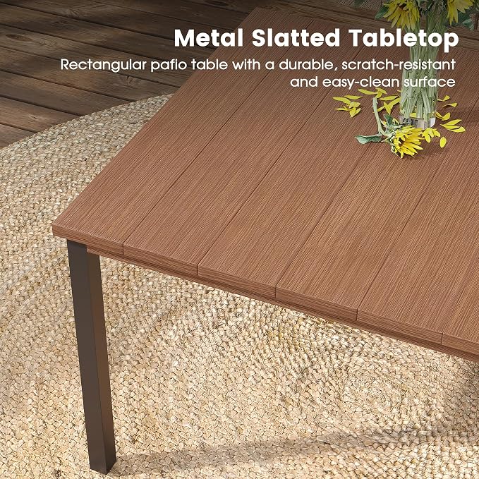 DIFY 7 Pieces Outdoor Patio Dining Set for 6, 63" Walnut Rectangle Metal Dining Table and 6 Brown Stackable Sling Dining Chairs, Outdoor Table and Chairs for Lawn Garden Backyard Deck