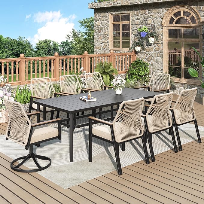 MIXPATIO 9 Pieces Outdoor Patio Dining Set, Rectangular Metal Patio Table with Umbrella Hole, 2 Swivel and 6 Fixed Chairs with 3.2" Cushion for Yard, Porch, Beige