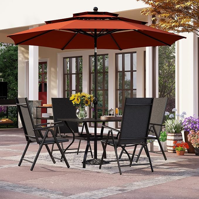 PHI VILLA 6 Pcs Patio Dining Set with Umbrella (Orange Red), Outdoor Table and Chairs Set with Adjustable Folding Chairs & Square Metal Dining Table for Yard, Garden and Deck (No Umbrella Base)