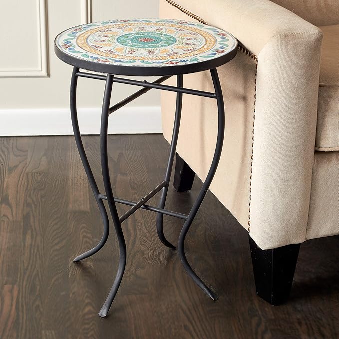 Quality Outdoor Living 29-KY02BL Accent Side Table - Small, Colorful Mosaic Design, Rust-Resistant Steel Frame, Blue