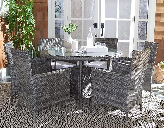 SAFAVIEH Outdoor Collection Challe Grey Brown/White Dining Set PAT7702C-3BX