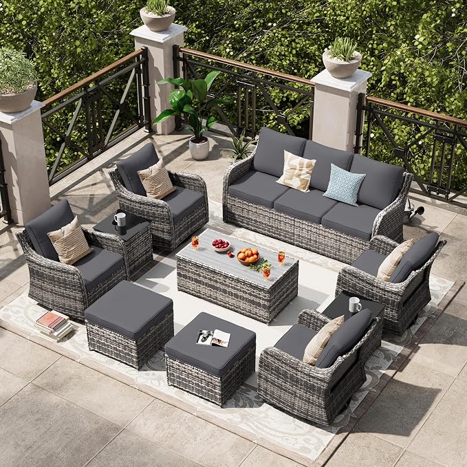 MEISSALIVVE Patio Furniture Set with Swivel Rocking Chairs, 10 Pieces Patio Conversation Set, Outdoor Wicker Sofa Couch with Waterproof Cushions for Lawn Backyard Porch (Grey)