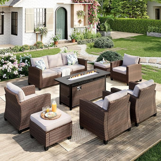 MIXPATIO Patio Furniture Set, 8 Pcs Wicker Rattan Outdoor Conversation Set, 4 x Leg Chairs, 1 x 3 Seater Sofa and 2 x Ottoman with 4" Thick Cushion and 56" Fire Pit Table, Beige
