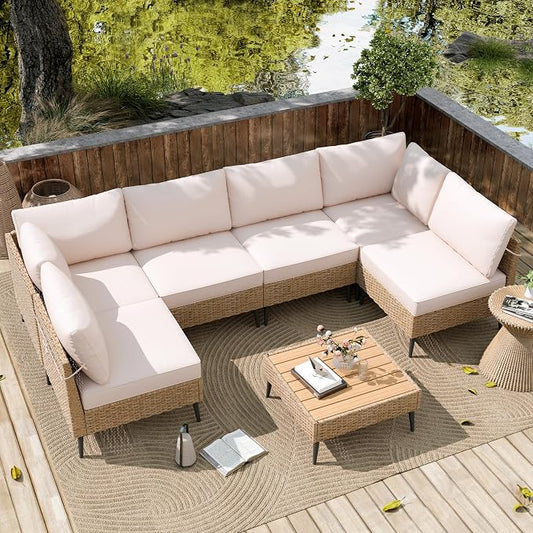 Outdoor Patio Furniture Set, 7 Piece Outdoor Sectional Sofa Wicker Patio Conversation Couch Set, All Weather PE Rattan Sofa with Table and Cushions for Garden, Poolside, Backyard (Beige)