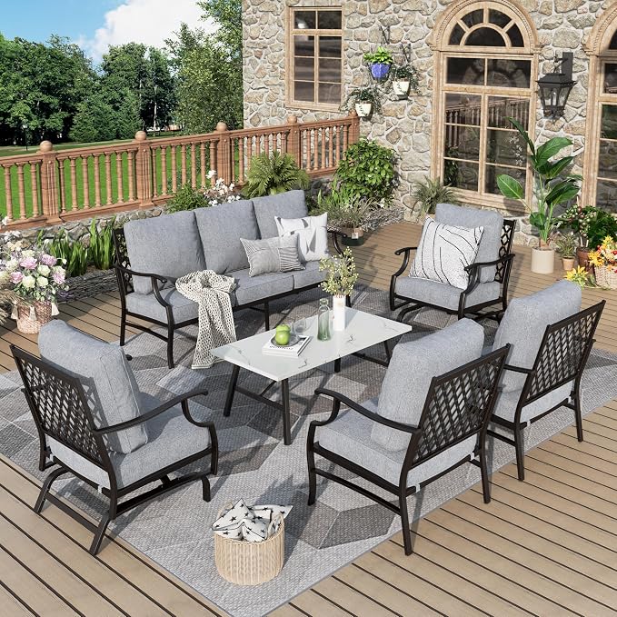 MIXPATIO Patio Furniture Set 6 pcs, Outdoor Patio Furniture, 1 X 3-Seat Sofa, 2 X Single Chairs, 2 X Rocker Chairs, 1 X Coffee Table and 5.75" Extra Thick Cushion, Patio Conversation Set,Grey