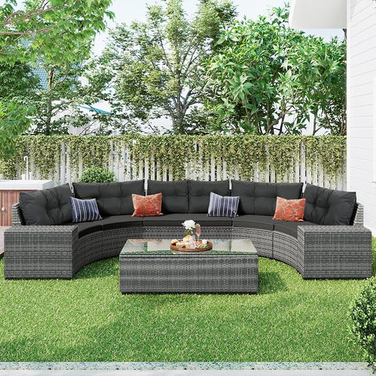 8-pieces Outdoor Patio Half-Moon Sectional Sofa Sets With Rectangular Coffee Table, All Weather PE Rattan Wicker Curved Sofa Set, Water-resistant and UV Protected Conversation Sets (Gray 8-piecesr)