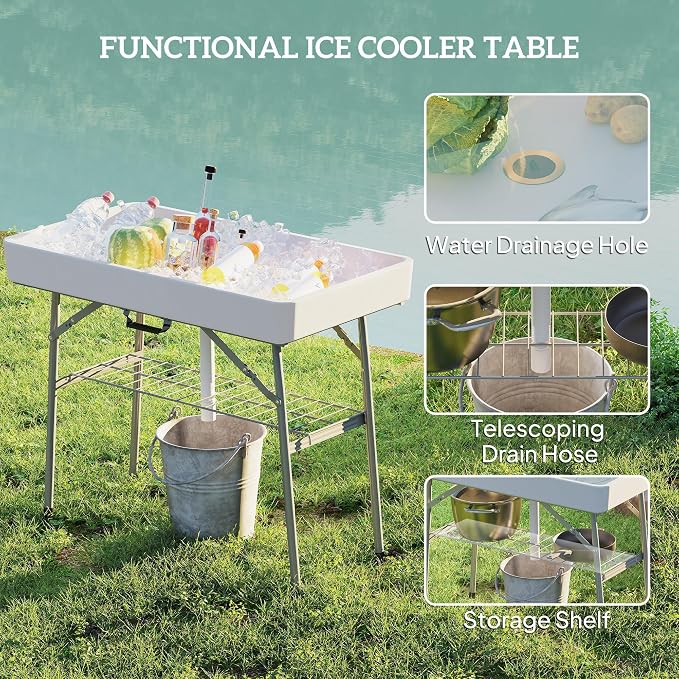 Outsunny 3.4ft Folding Ice Cooler Table with Drain, Fill and Chill, Outdoor with Storage Shelf, Drink Cooler for Parties Picnic BBQ Camping Wedding, White