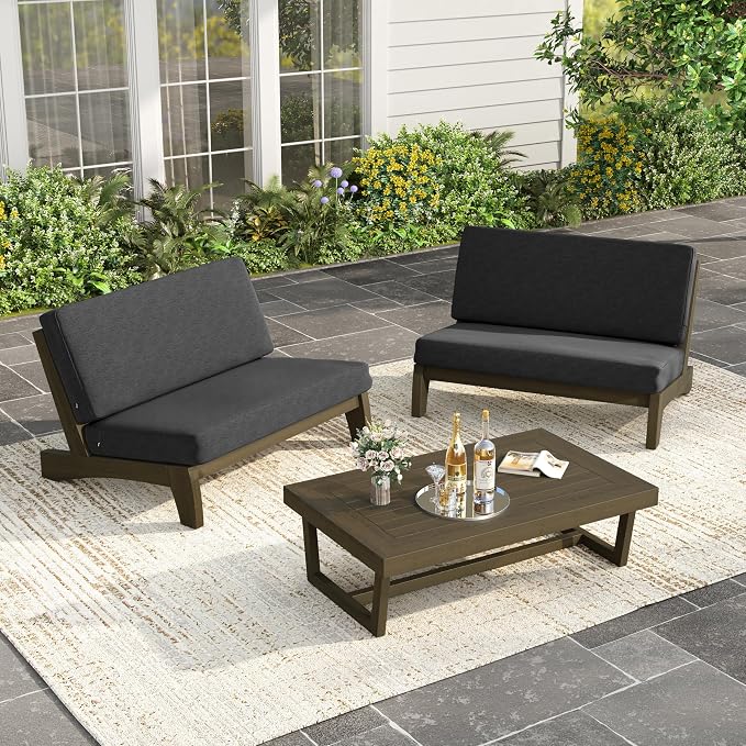 Wood Patio Furniture Sets, 3 Pieces All Weather Patio Loveseat Sofa Outdoor Sectional Futniture Backyard Conversation Set with Solid Wooden Coffee Table - Dark Gray