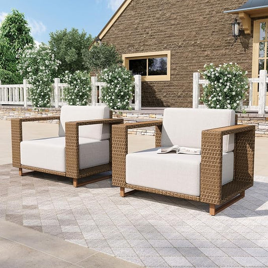 HERA'S HOUSE Patio Wicker Chairs with 10" Thick Cushions, Outdoor Patio Furniture Set of 2, 2-Piece Yellow Rattan Conversation Set with 5.3" Widened Armrest, Low Profile Lawn Garden Deck Furniture