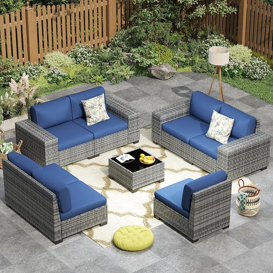 Outdoor Patio Furniture Set, 8‘’ Wide armrest Outdoor Sectional Rattan Sofa Set, Wicker Patio Furniture Sets w/Coffee Table,Thick Cushions for and Cover for Porch,Deck,8 PCS (Grey&Navy)