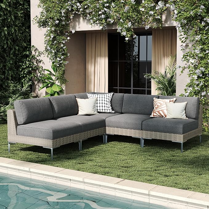 LayinSun 5-Piece Wicker Rattan Patio Furniture Set, Deep Seating Outdoor Modular Sectional Sofa Conversation Set with Thick Cushions for Lawn, Garden
