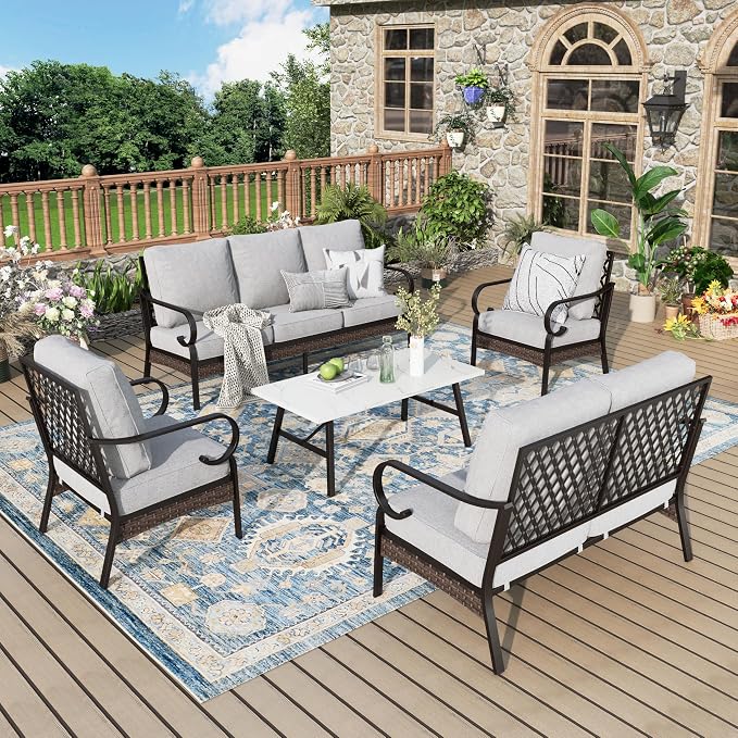 MIXPATIO Patio Furniture Set with Coffee Table, Outdoor Conversation Set with 2 x Fixed Chairs, 1 x 2-Seat Sofa, 1 x 3-Seat Sofa for Lawn Garden Backyard, Light Grey