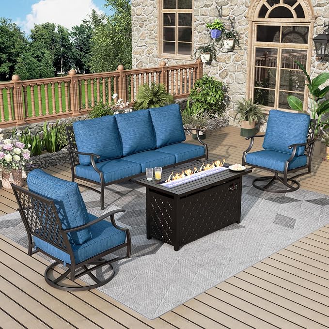 MIXPATIO Patio Furniture Set, 4 Pcs Metal Outdoor Conversation Set, 2 Swivel Chairs and 3 Seater Sofa with 5.75" Extra Thick Cushion and Gas Fire Pit Table for Backyard Deck, Gemstone Blue