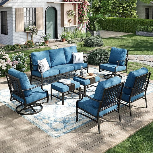 MIXPATIO Patio Furniture Set 7 pcs, Outdoor Patio Furniture, 3-Seat Sofa, 2 Swivel Chairs, 2 Single Chairs, 2 Ottomans and 5.75" Extra Thick Cushion, Conversation Set for Deck,Gemstone Blue