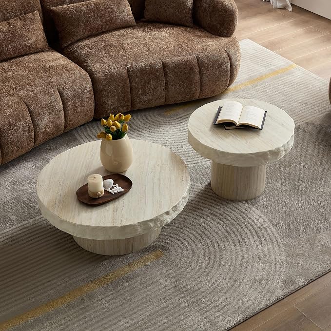 31.69" Travertine Coffee Table Round Faux Stone Coffee Table for Living Room, Modern Faux Marble Pattern Top with Wooden Pedestal Unique Center Tables, Magnesium Oxide, No Assembly,Beige
