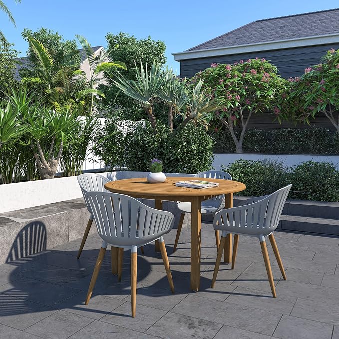 Urban Elements Nature 5-Piece Wood Patio Furniture Set | Teak Finish 100% FSC Eucalyptus | Backyard Furniture, Outside Table and Chairs, Round Outdoor Dining Set for 4, Patio Dining Set for 4 (Grey)
