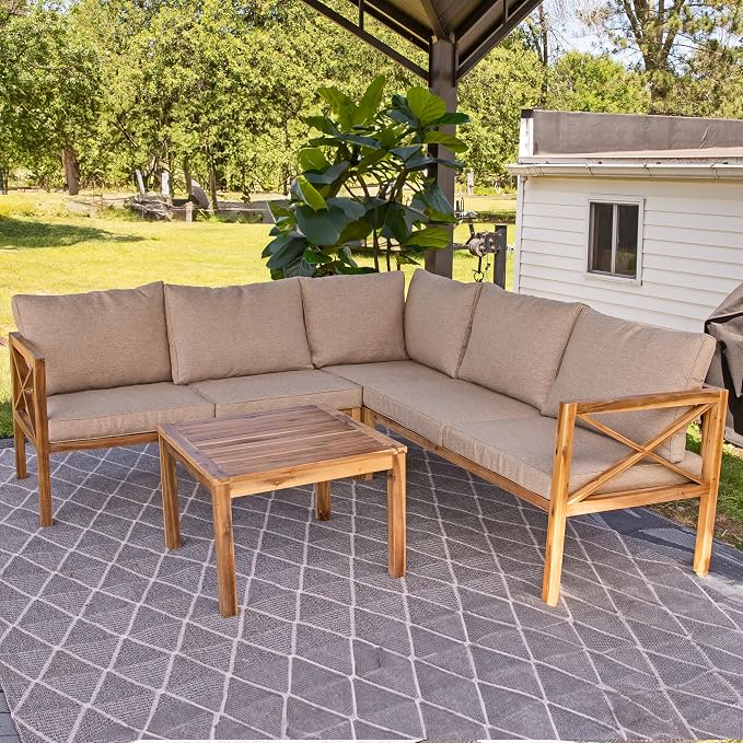Sunnydaze 4-Piece Acacia Wood Patio Furniture Set - Edisto Outdoor Conversation Set - Wood Outdoor Furniture - Light Brown
