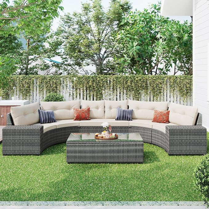 LUMISOL 8 Piece Half Moon Curved Wicker Patio Furniture Set, All Weather Outdoor Conversation Sofa Set with Coffee Side Tables, Garden Backyard Porch Decor, Beige