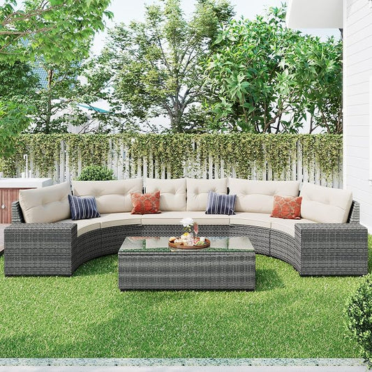 LUMISOL 8 Piece Half Moon Curved Wicker Patio Furniture Set, All Weather Outdoor Conversation Sofa Set with Coffee Side Tables, Garden Backyard Porch Decor, Beige