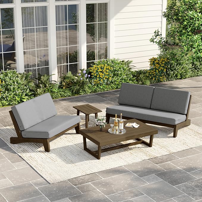 3 Piece Wood Outdoor Patio Frutnire Set, 5 Seater Patio Conversation Sets with Thick Cushions, Outdoor Sectional Furniture with Coffee Table - Gray