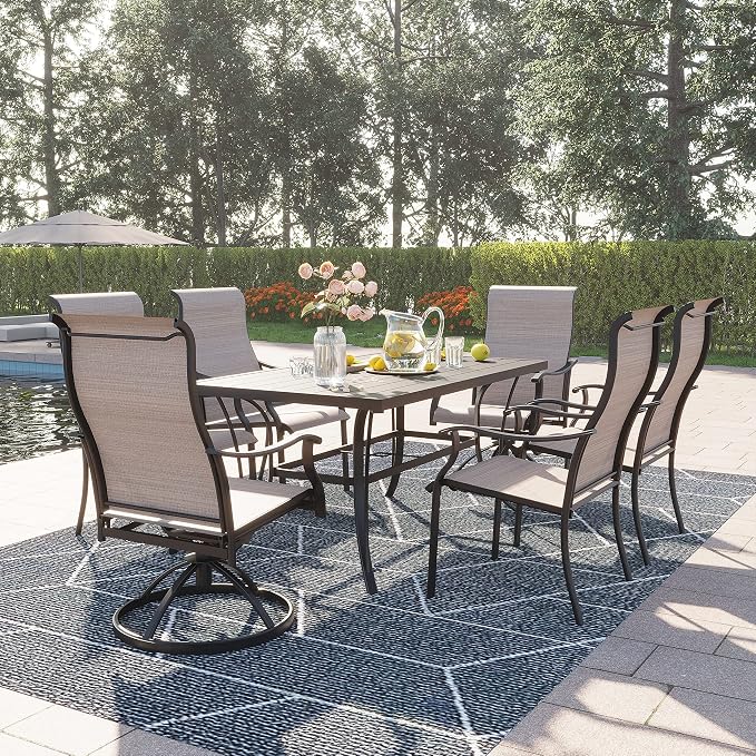 HAPPATIO Patio Dining Table for 6, Metal Steel Slat Patio Dining Table with Umbrella Hole Dia 2", Black Brown (60" x 35" x 28.5")