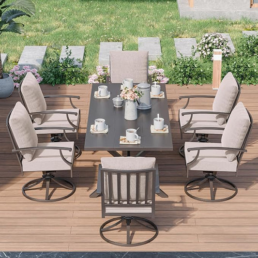Kurapika 7 Pieces Patio Dining Set Outdoor Furniture with 6 Swivel Chairs, Metal Patio Furniture Set 6 Chairs and Large Table with Umbrella Cutout for Yard Porch Deck, Sand