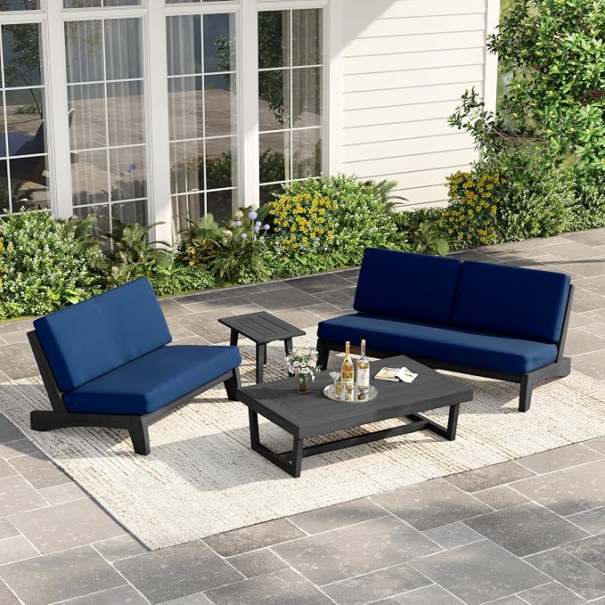 3 Piece Teak Outdoor Patio Frutnire Set, 5 Seater Patio Conversation Sets with Thick Cushions, Outdoor Sectional Furniture with Coffee Table - Navy Blue