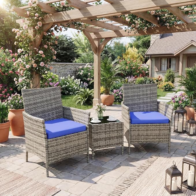 3-Piece Patio Furniture Set,Outdoor Patio Conversation Set with 2 PE Rattan Armchairs, Weather-Resistant Cushions & Tempered Glass Table,All-Weather Bistro Set for Garden, Backyard（Gray/Blue）