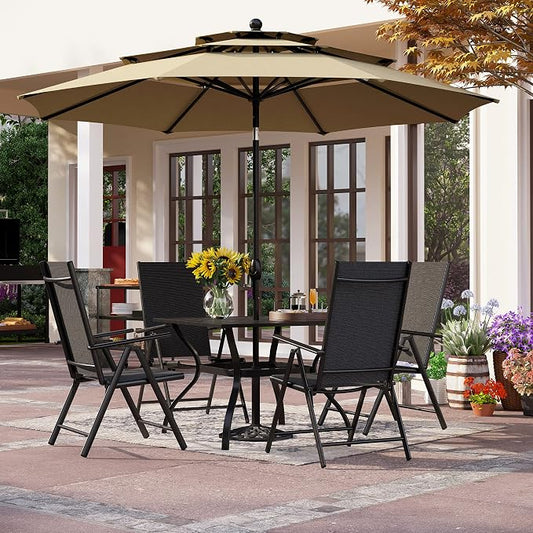 PHI VILLA Outdoor Patio Dining Set with Umbrella for 4, Folding Chairs | Light-weight & portable, Breathable & quick-drying textilene fabric, Weather-resiatant, 10Ft beige umbrella without base