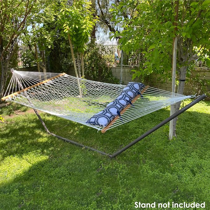 Sunnydaze Polyester Rope Double Hammock with Spreader Bars - 400-Pound Capacity - White with Navy and Gray Octagon Pillow