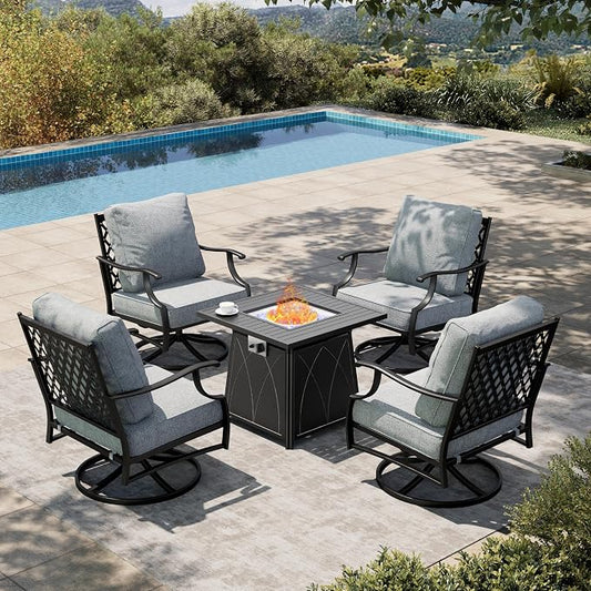 HERA'S HOUSE 5 Pieces Fire Pit Patio Furniture Set, 4 x Thick Cushioned Swivel Chairs with 28" Fire Pit Table (50,000 BTU), Outdoor Conversation Set for Garden, Backyard, Lawn, Grey