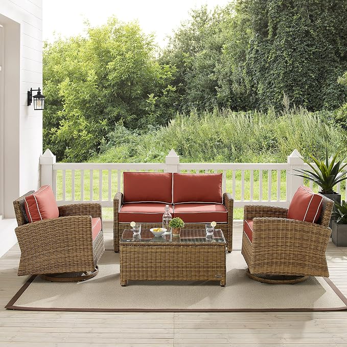 Crosley Furniture Bradenton 4-Piece Wicker Outdoor Loveseat and Swivel Rocker Patio Furniture Set for Porch, Brown with Sangria Cushions