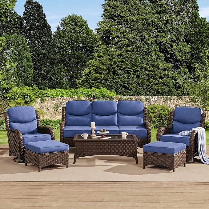 HILLGA Luxury High Back Patio Furniture Set with 6-Inch Thick Cushion, 6-Piece Outdoor Conversation Set with Sofa, Swivel Rocker Chairs & Ottomans, Ideal for Porch Pool Deck Yard (Blue)