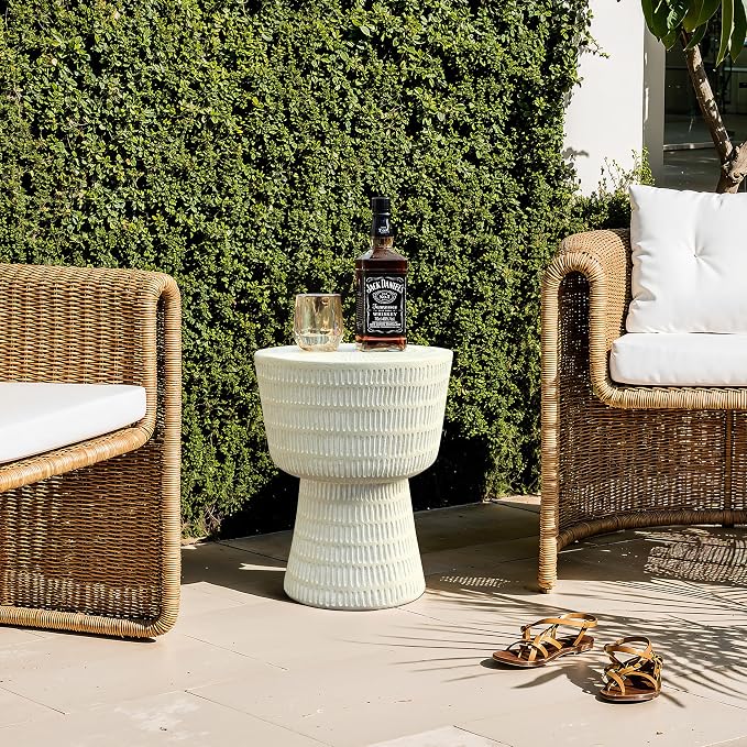LuxenHome Outdoor Side Table, 15'' Off White Round Spiral Pattern Accent End Table, Indoor Outdoor Coffee Tables for Patio, Living Room, Backyard,Garden Stool and Plant Stand