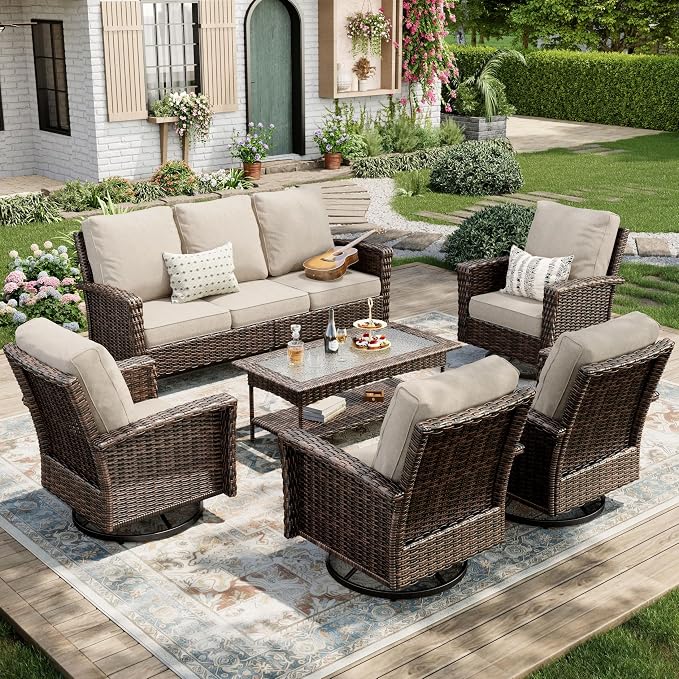 MIXPATIO 6-Piece Wicker Patio Furniture Set with Swivel Chairs, High Back Outdoor Sofa with 5.5-inch Thick Cushion, All-Weather Wicker Patio Conversation Set for Deck Yard Pool, Beige