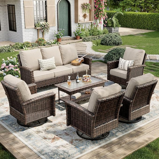 MIXPATIO 6-Piece Wicker Patio Furniture Set with Swivel Chairs, High Back Outdoor Sofa with 5.5-inch Thick Cushion, All-Weather Wicker Patio Conversation Set for Deck Yard Pool, Beige