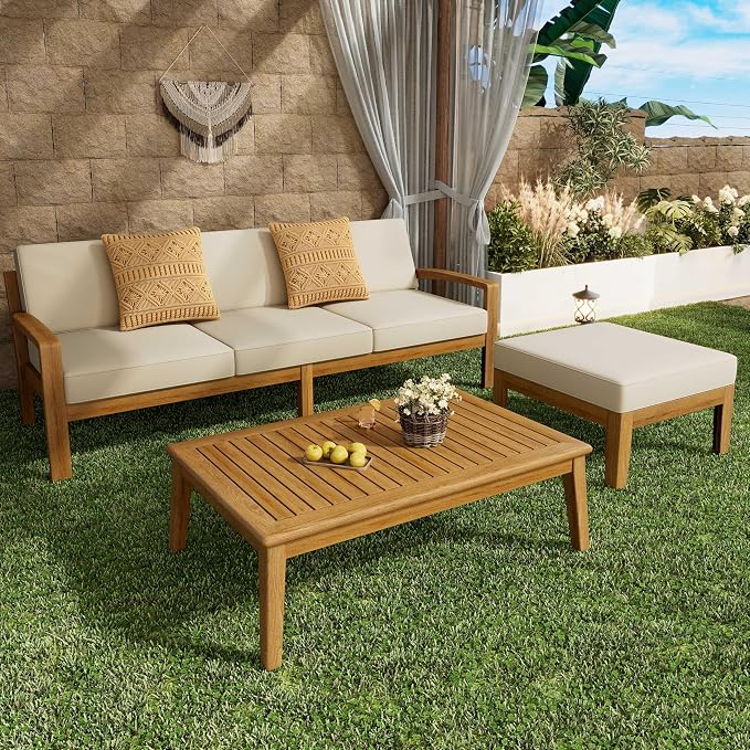 JIVOIT L-Shape Outdoor Furniture Set, 3-Piece Acacia Sectional Patio Sofa Set with 3-Seater Sofa, Coffee Table and Ottoman, Conversation Set for Garden, Poolside, Backyard