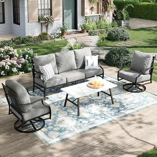 MIXPATIO Patio Furniture Set 4 pcs, Outdoor Patio Furniture, 3-Seat Sofa, 2 Swivel Chairs, Coffee Table and 5.75" Extra Thick Cushion, Patio Conversation Set for Backyard Deck,Grey