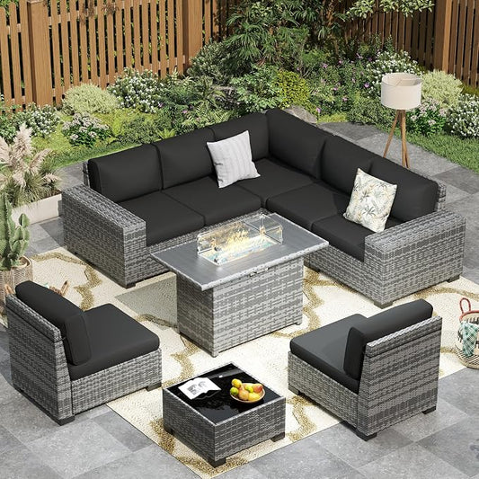 Patio Furniture with Fire Pit Table,8‘’ Wide armrest Outdoor Sectional Rattan Sofa Set, Wicker Patio Furniture Sets w/Coffee Table,Thick Cushions and Cover for Porch,Deck, 9PC(Grey&Black)