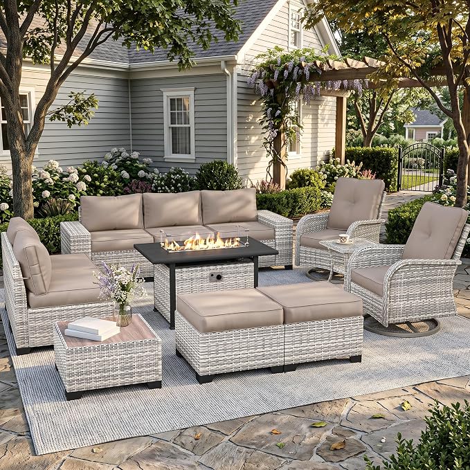 12-Piece Outdoor Patio Furniture Set with Rocking Swivel Chair, PE Wicker Rattan Sectional Sofa 55,000 BTU Fire Pit Table Patio Conversation Set with Ottomans and Chunky Arms, Beige