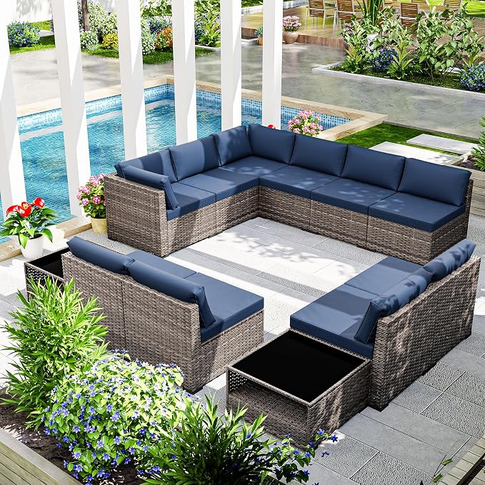 Joyside 12-Piece Patio Furniture Set, Rattan Outdoor Sectional Wicker Patio Conversation Set with Cushions and Coffee Table