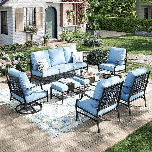 MIXPATIO Patio Furniture Set 7 pcs, Outdoor Patio Furniture, 3-Seat Sofa, 2 Single Chairs, 2 Swivel Chairs, 2 Ottomans and 5.75" Extra Thick Cushion, Patio Conversation Set for Backyard Deck,Blue