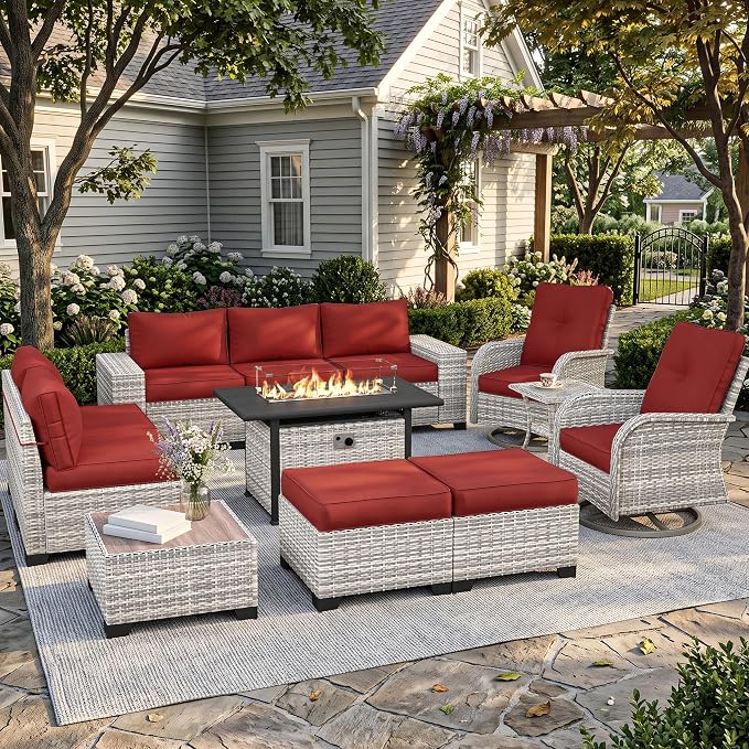12-Piece Outdoor Patio Furniture Set with Rocking Swivel Chair, PE Wicker Rattan Sectional Sofa 55,000 BTU Fire Pit Table Patio Conversation Set with Ottomans and Chunky Arms, Red