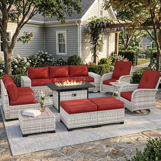 12-Piece Outdoor Patio Furniture Set with Rocking Swivel Chair, PE Wicker Rattan Sectional Sofa 55,000 BTU Fire Pit Table Patio Conversation Set with Ottomans and Chunky Arms, Red