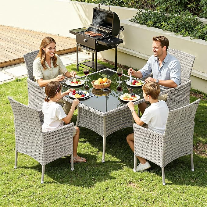 10-Piece Patio Dining Set, Patio Furniture Set with Square Tempered Glass Table & 8 Wicker Chairs, Expandable Design for Larger Groups, Outdoor Furniture for Backyard, Deck, Garden, Beige