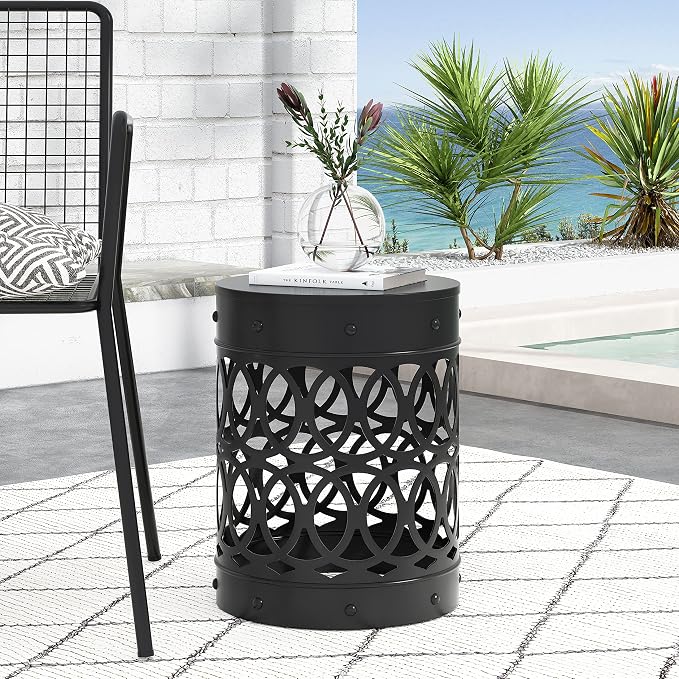 Outdoor Metal End Table Large, White Iron Side Table with Geometric Cut Design, Round Patio Accent Table No Assembly Required, Weather Resistant for Garden Balcony Porch (Black)